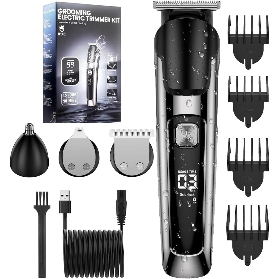 

Beard Trimmer for Men 3 in 1 Kit Electric Razor Nose Hair Trimmer with LED Display Cordl Mustache Body Face Grooming Kit Waterp