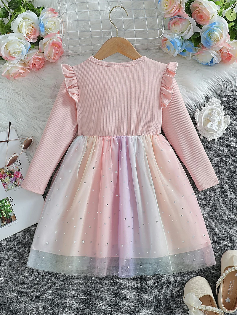 Girl\'s Long Sleeved Bow Dress 2-6Y Fashion Thin Children\'s Starry Sky Sequin Mesh Dress Spring Autumn Kid\'s Clothing