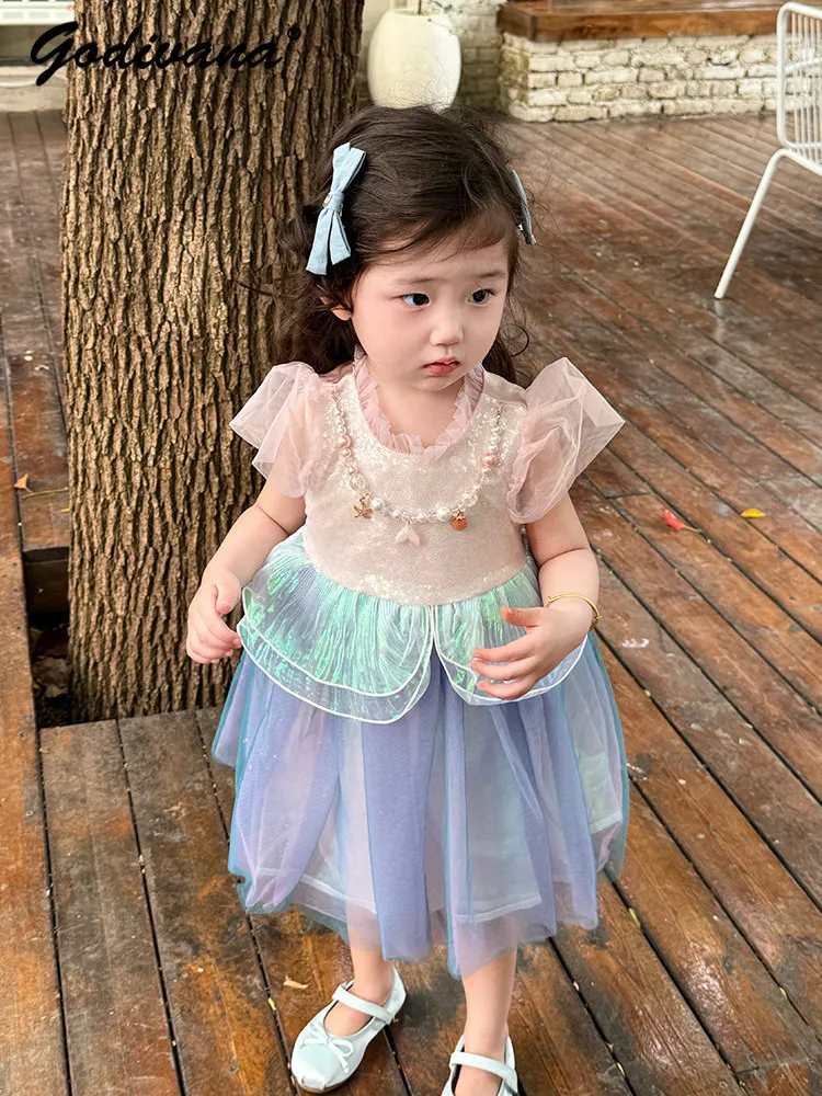

Sweet Baby Girls Mermaid Fashion Sequin Princess Dress Summer 2026 New Childrens Mesh Patchwork Puff Sleeve Ruffle Party Dresses