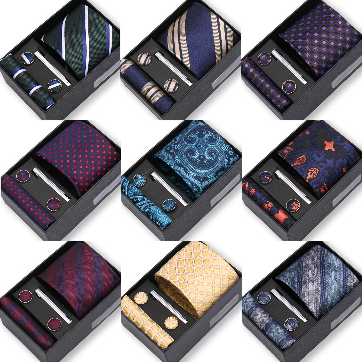 Top Quality Tie Set Gift Box Necktie Pocket Squares Cufflinks Tie-Clip Set With Black Box Men Birthday Gift Gravatas Accessories