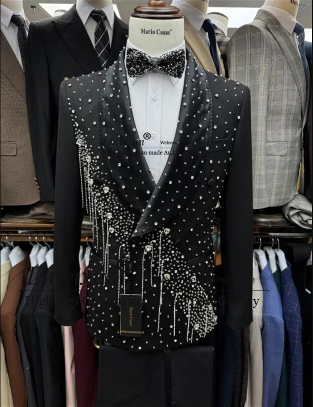 

Sparkly Jewelry Ornament Tuxedo Men Suit Double Breatsed Groom Male Prom Blazers 2 Piece Sets Wedding Ropa Hombre Customized