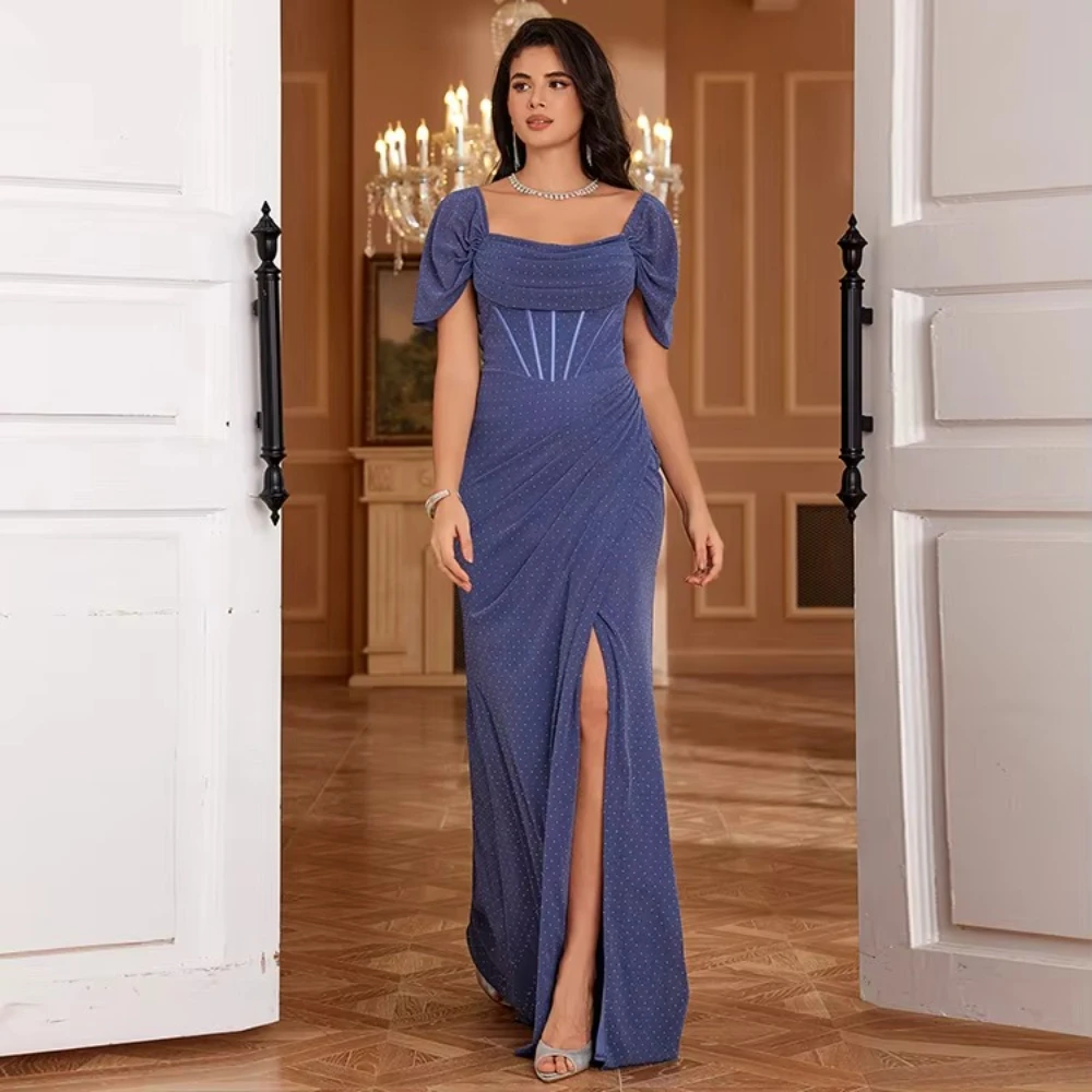 

Chiffon Prom Dresses Elegant Blue Dress Short Sleeved Slit Bridesmaid Dress Ball Exquisite High Quality Party Gowns Customized