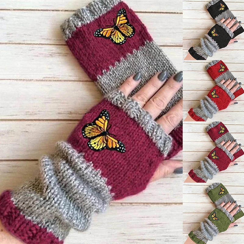 2023 Autumn And Winter New Patchwork Half Finger Butterfly Embroidered Fashionable Warm Gloves For Women's Cotton