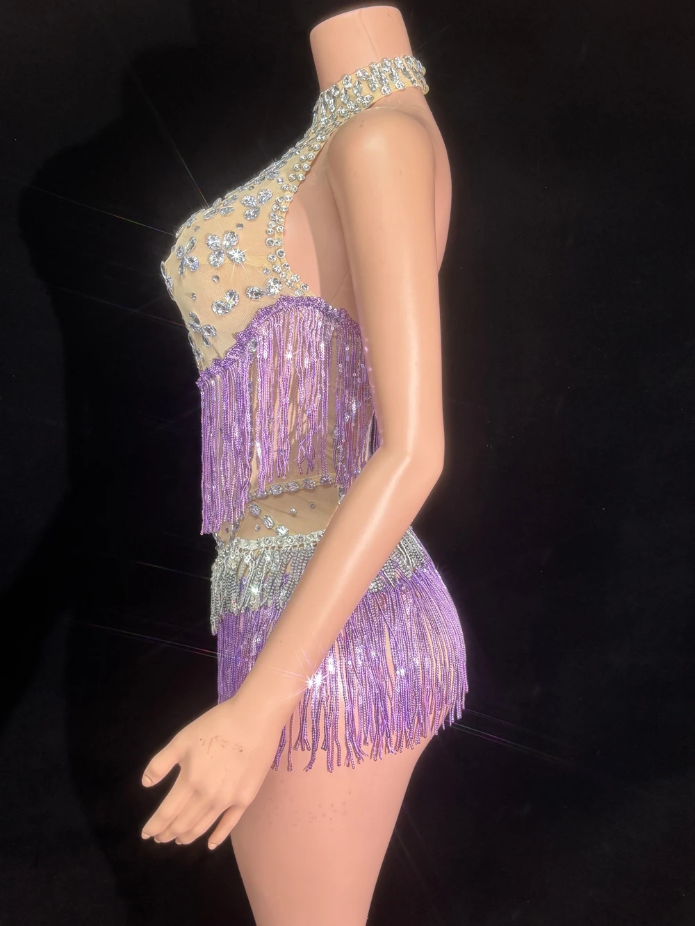 Sparkly Rhinestones Tassels Bodysuit for Women Sexy Mesh See Through Performance Dance Costume Singer Dancer Show Stage Wear view 4