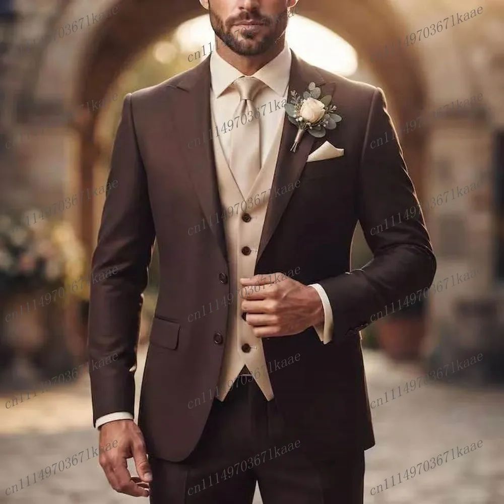 Fashion Dark Brown And Beige Formal Men Suit Wedding Party Groom Groomsman Male Tuxedos Costume 3 Piece Set Jacket Vest Pants B6