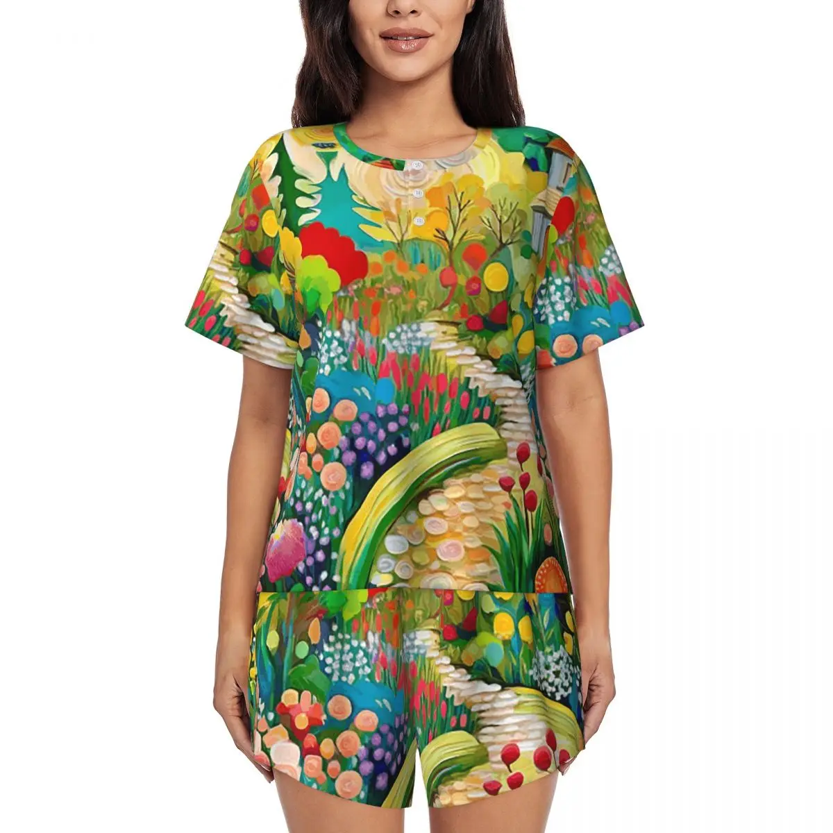 

Ночная рубашка с круглым вырезом и короткими рукавами с принтом «Цветочный сад с домиком» Густава Климта, женский свободный пижамный комплект с короткими штанами