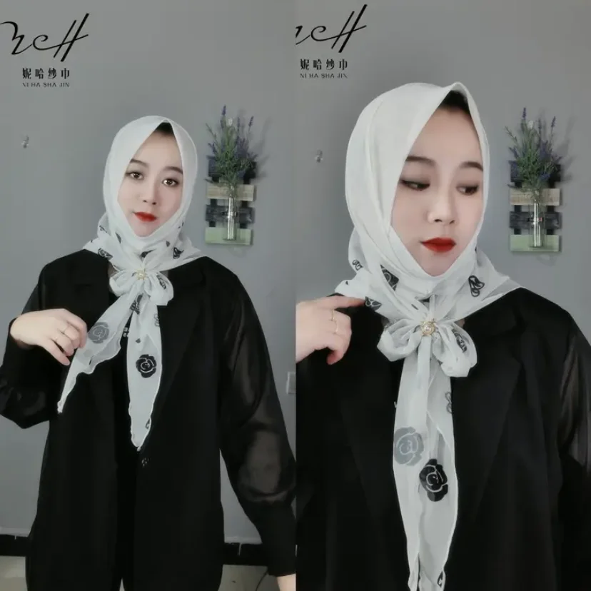 Print Chiffon Wrap Hijab for Ladies, High Strecth Headscarf, Moslem