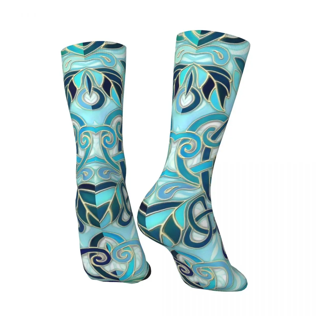 Ocean Aqua Art Nouveau Pattern With Peach Flowers Men\'s Socks Retro Harajuku Street Style Novelty Pattern Crew Sock