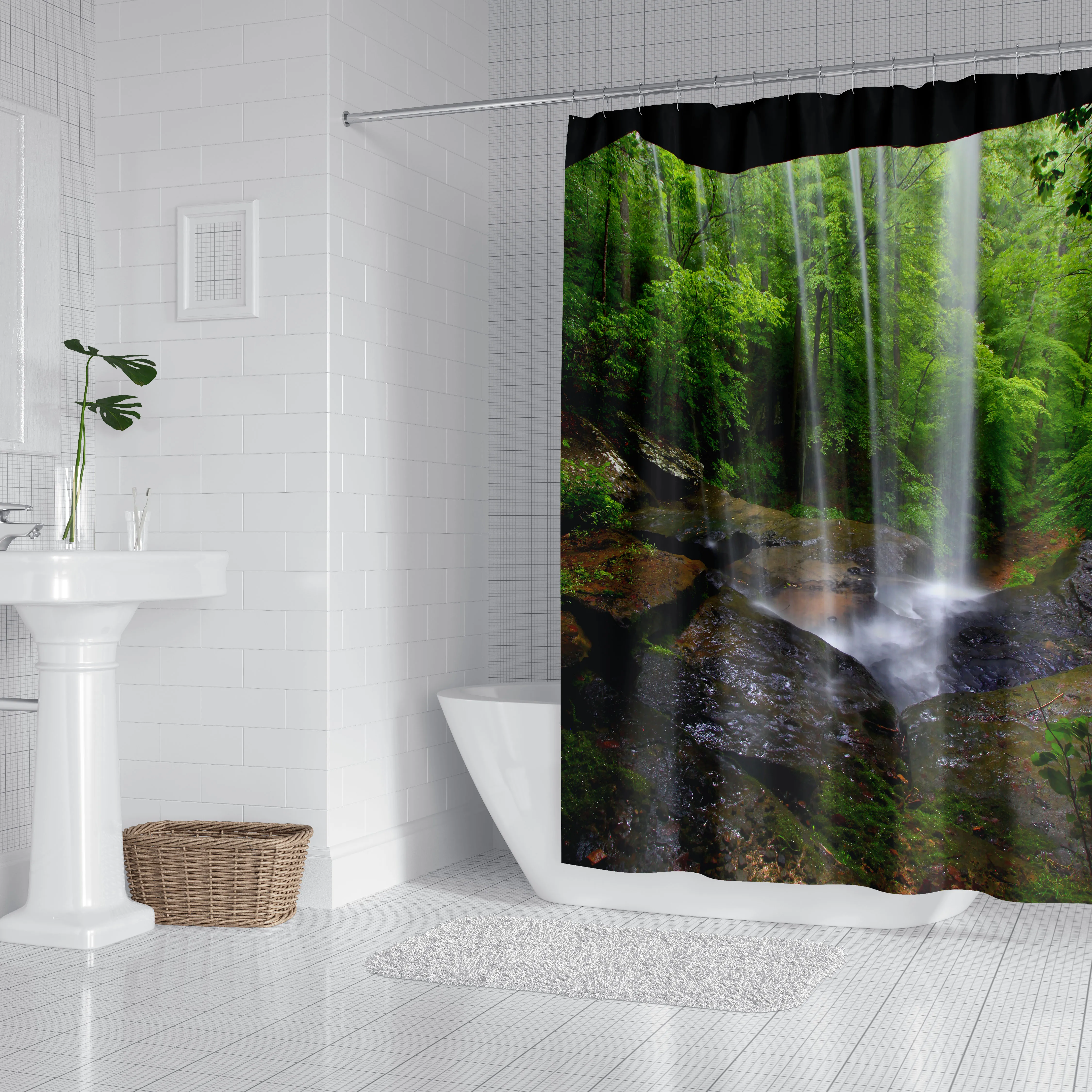 1pc Stream Shower Curtain Bathroom Partition Decorative Curtain Machine Washable Green Scenery Print Window Privacy Curtain