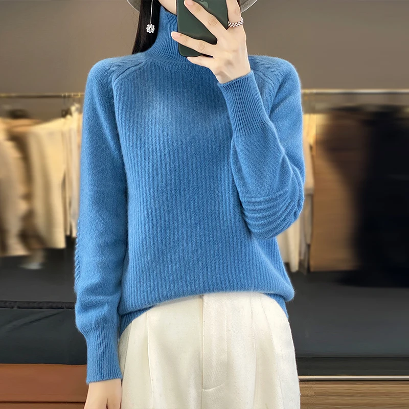 

2023 New 100% Merino Wool Thickening Women's High collar Cashmere Sweater Loose Fashion Hypertrophy Pullover Top Female