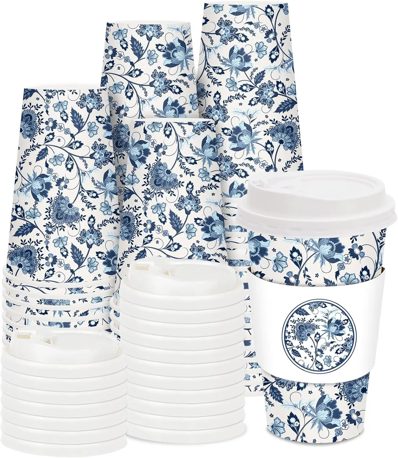 

50 Sets Blue Floral Coffee Cups with Lids and Sleeves 16oz Vintage Flower Paper Cups Retro Disposable To Go Coffee Cups