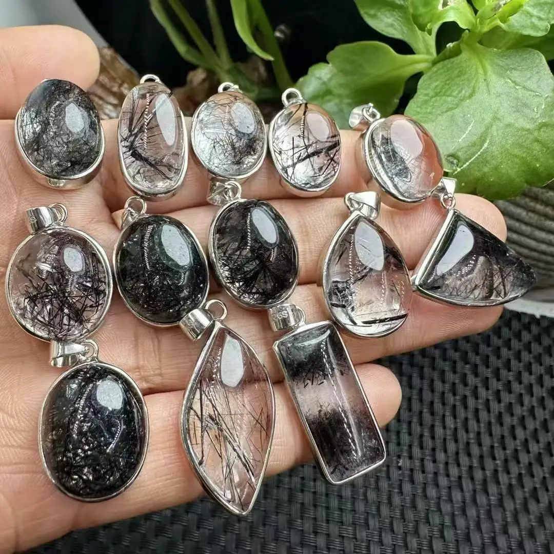 

Unit One Piece 925 Silver Inlay Natural Black Rutilated Quartz Crystal Random Shape Pendant For Gift