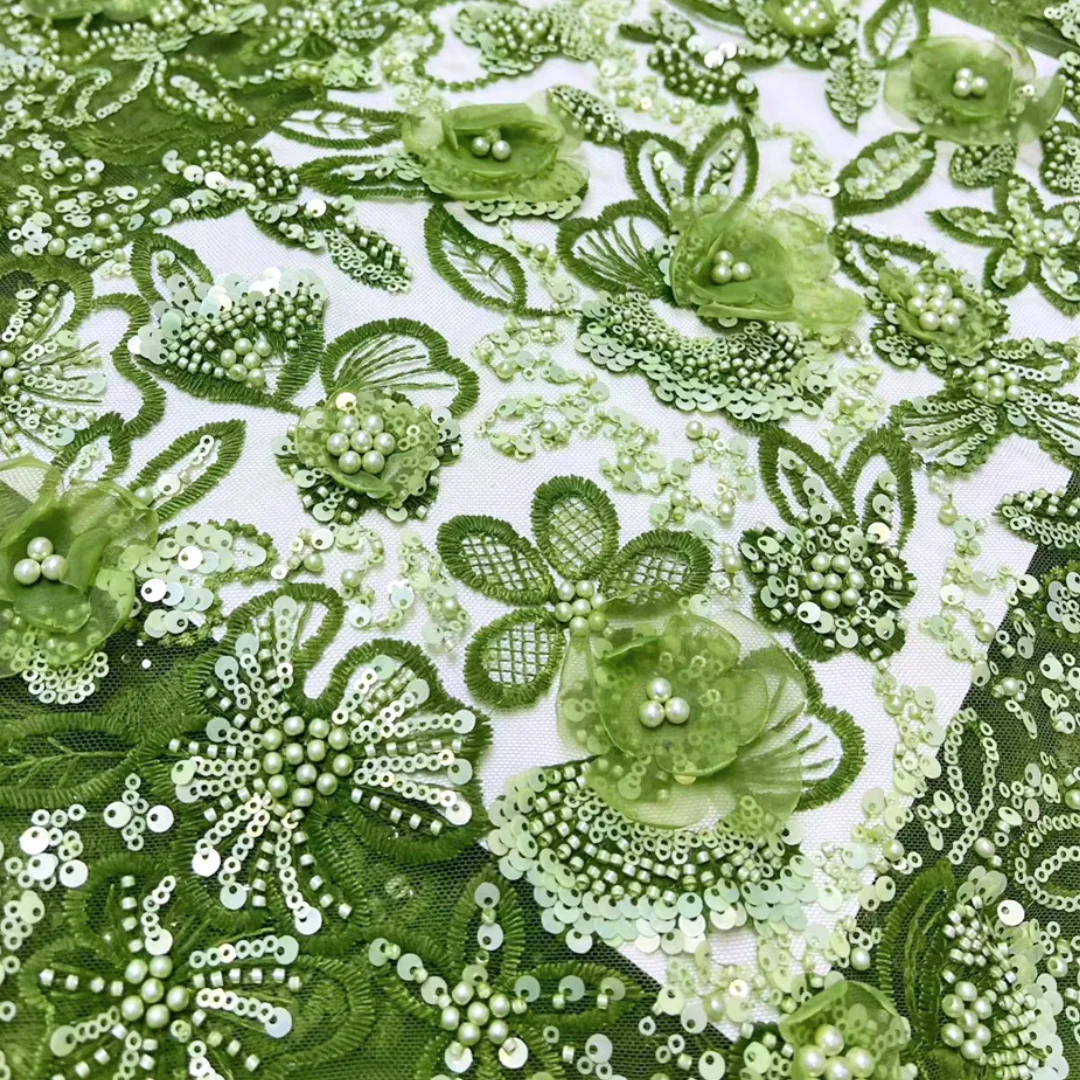 

African Lace Fabric High Quality Sequins Beaded Floral Embroidery French Tulle Tissu Nigerian Dress Mesh Lace Fabric for Sewing