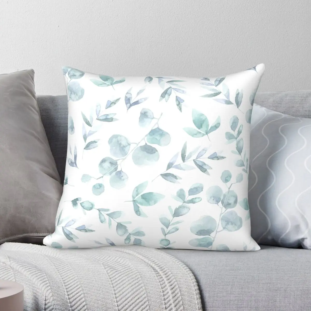 

EUCALYPTUS WATERCOLOR LEAVES PATTERN Square Pillowcase Polyester Linen Velvet Creative Zip Decor Sofa Cushion Case 45x45