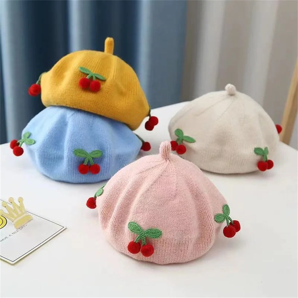 Fashion Baby Hat Solid Color Flower Girls Warm Beret Vintage Knitted Beret Hat Kids Autumn Winter Children Artist Painter Cap