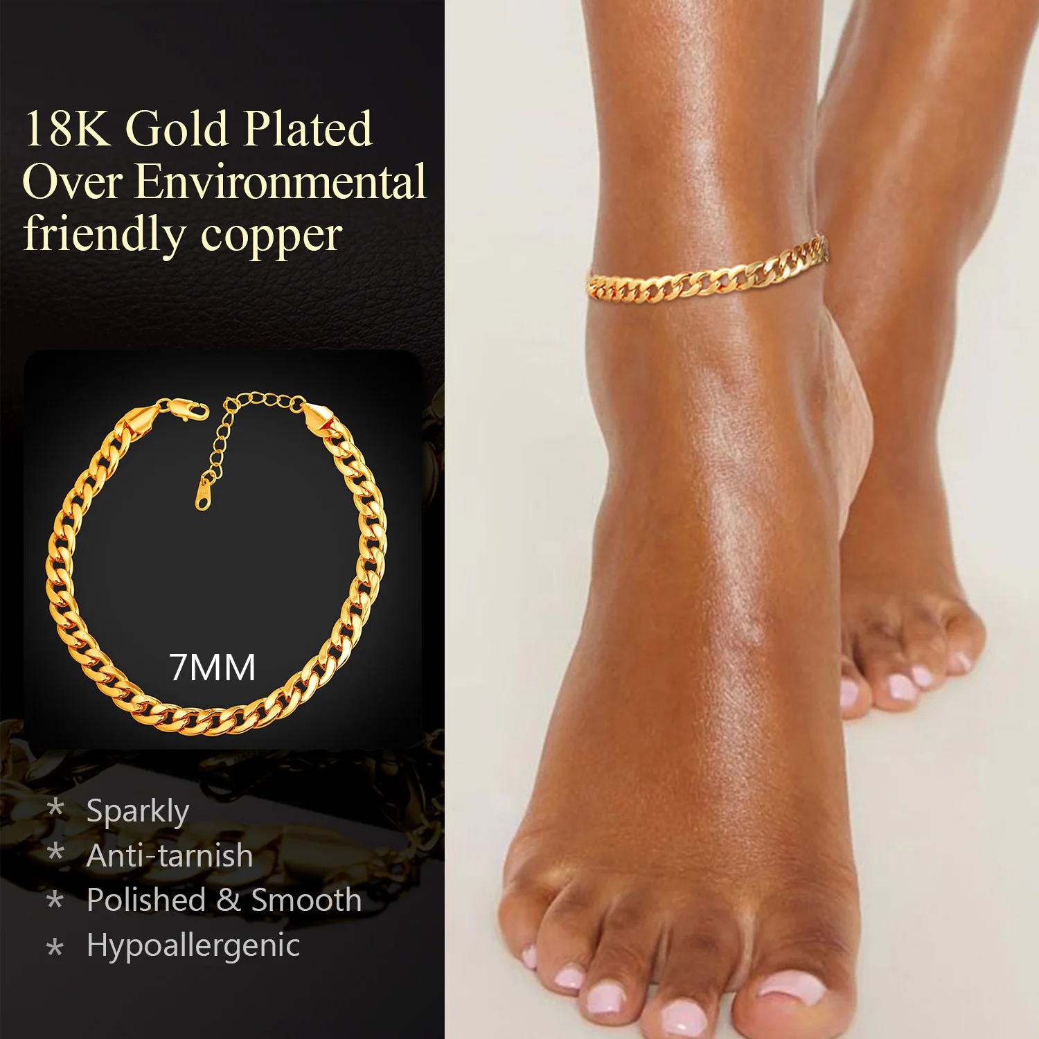 U7 Waterproof Cuban Chain Anklet Classic Foot Ankle Bracelet for Women Barefoot Simple Summer Beach Jewelry