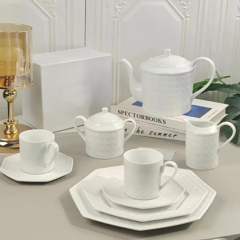 French Pure White Hotel Decorative Serving Plate Tengge Ceramic Mug Elegant Aristocratic Style Afternoon Cup and Saucer