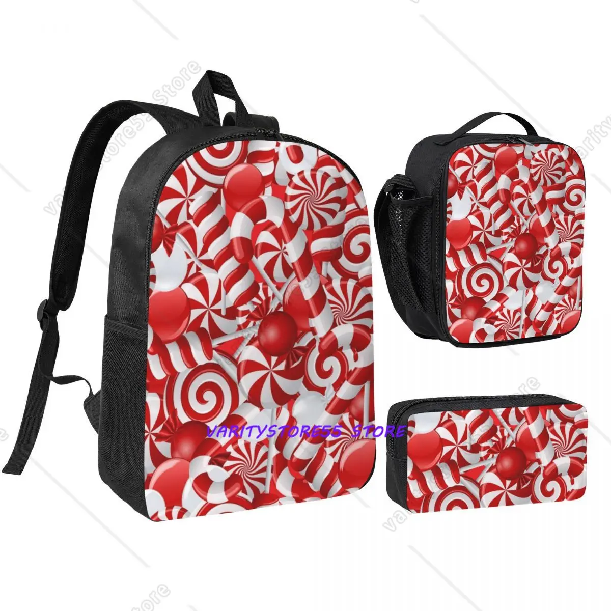 Peppermint Candy Backpack Student BookBag School Bag Shoulder Bags 3ps Insulated Lunch Bag Pencil Case