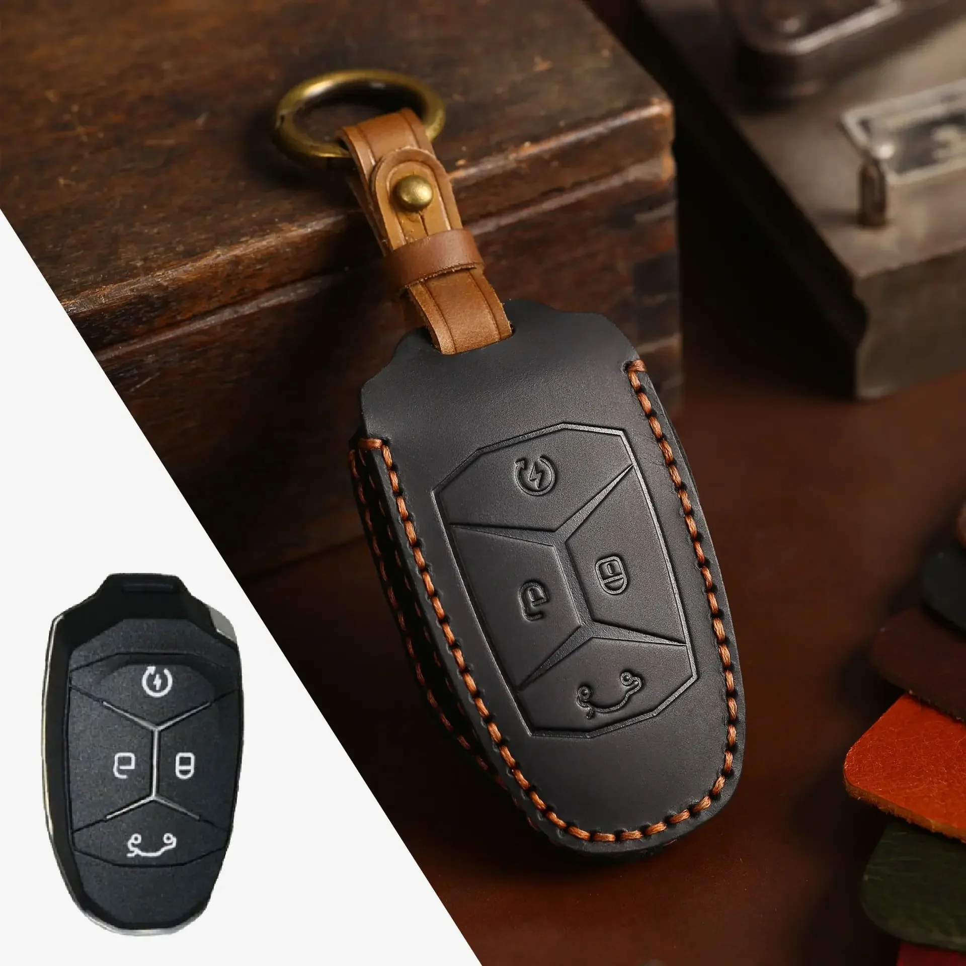 Leather Protector Cover set for Geely LYNK&CO 01 02 03 05 2017 2018 Keyless Entry Remote Car Key Case Shell keychain Accessories