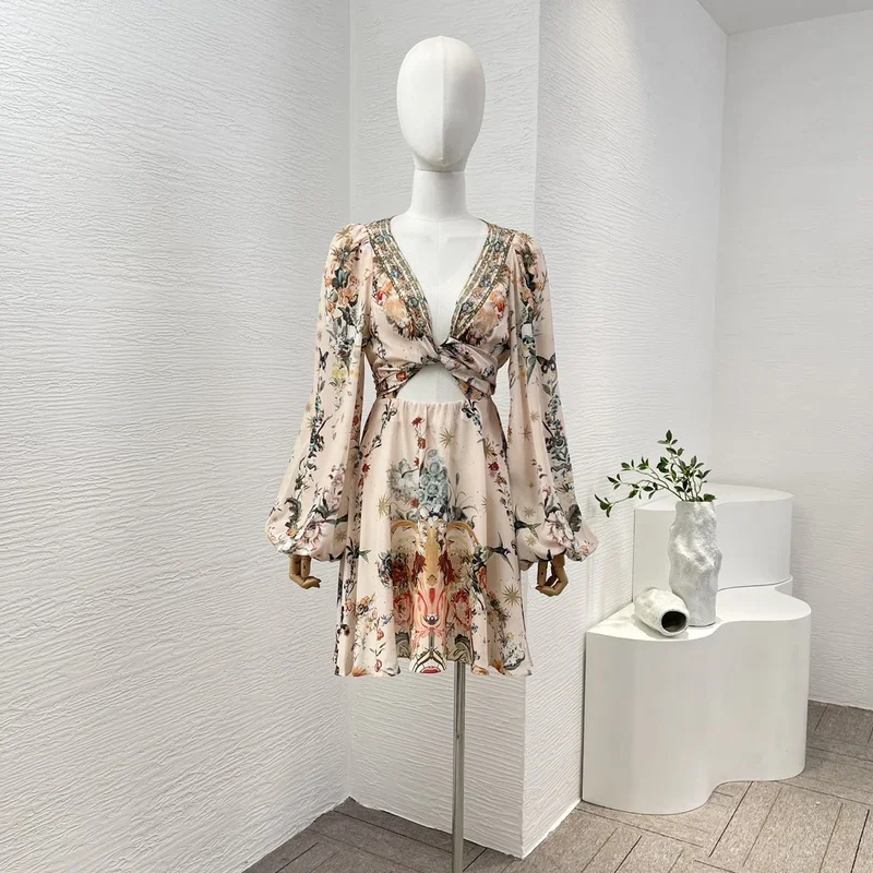 2024 New Silk Lantern Sleeve Floral Print Cross Tie High Quality Diamonds Women Summer Lace-up Mini Dress