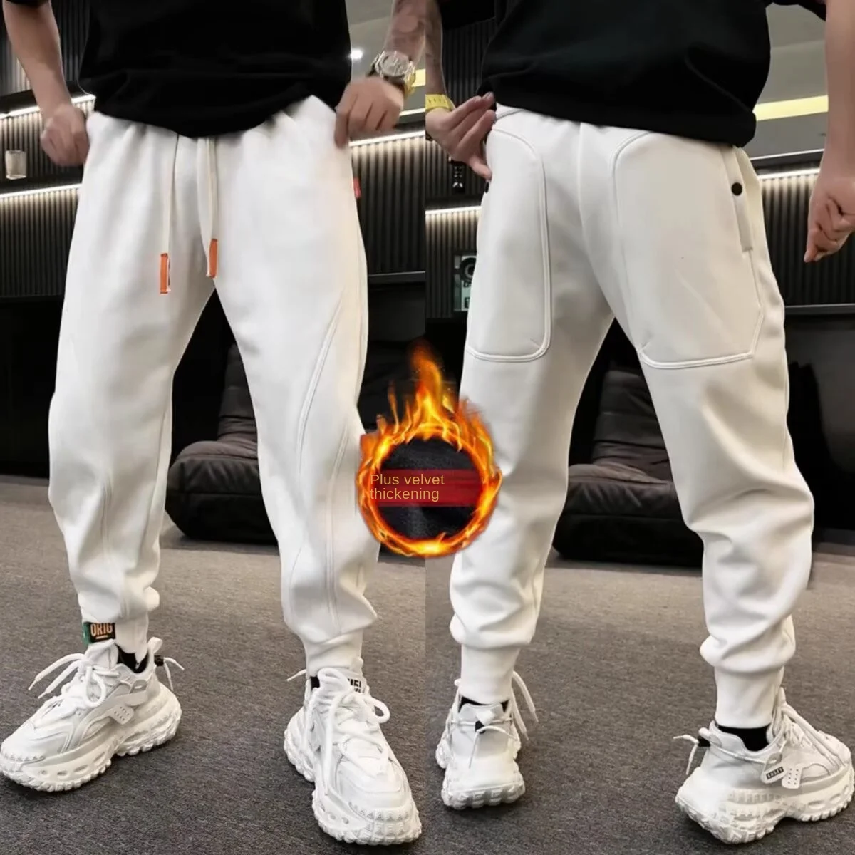 

Men's autumn and winter thick velvet three-dimensional cutting curved knife casual sanitary pants, simple and versatile, warm an