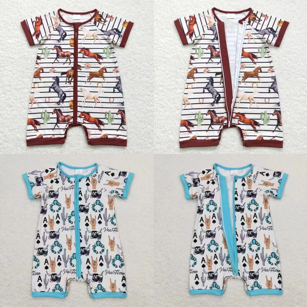 

Wholesale Newborn Coverall Bodysuit Baby Boy Toddler Horses Cows Romper Short Sleeves Kids Zipper Western One-piece Jumpsuit