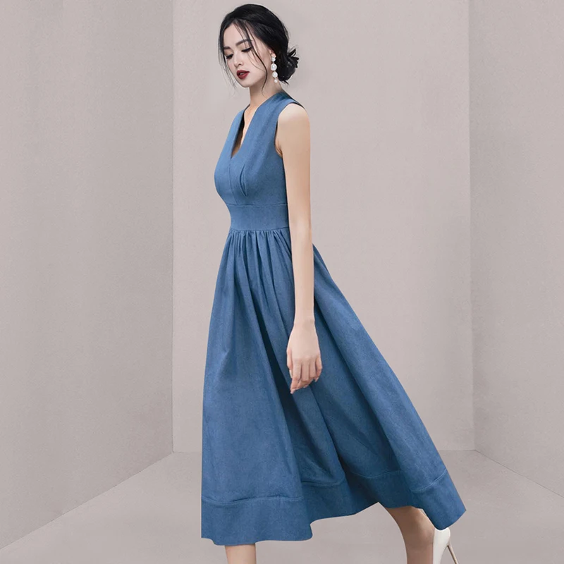 Vestido de baile feminino sem mangas de cintura alta, vestido feminino Midi, azul, fino, decote em v, sem mangas, temperamento, escritório, verão, moda