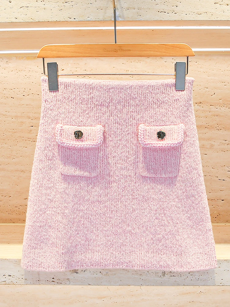 

Розовая вязаная короткая юбка А-силуэта с высокой талией из полиэстера, элегантная и удобная для повседневной носки