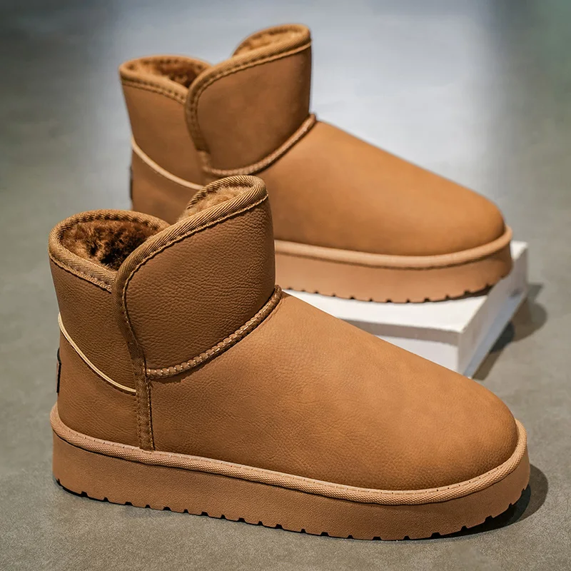 

2025 Winter New Men's Shoes, Large Cotton Warm Slip-On Leather Waterproof Fashionable Snow Boots