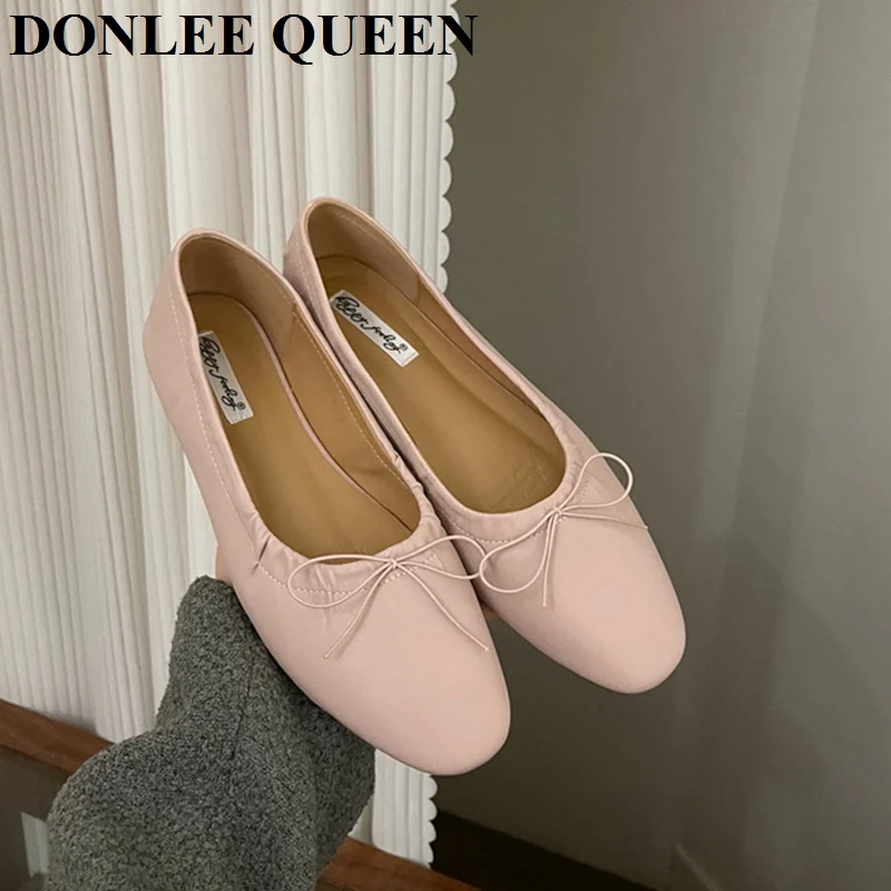 2024 Spring Round Toe Flat Casual Shoes Women Flats Ballet Female Ballerina Soft Moccasins Female Bow Knot Shallow Classic Mujer