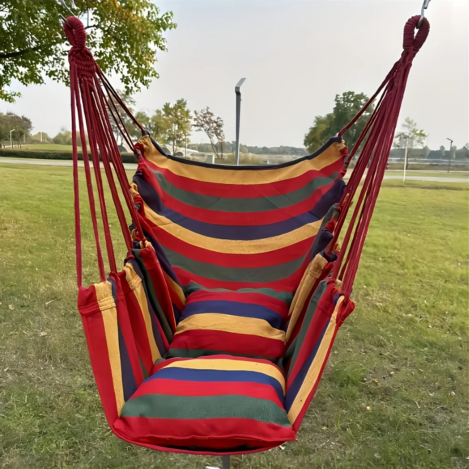 Heavy Duty Canvas Portable Camping Hammock Chair with Striped Design, Outdoor Hanging Swing Seat for Garden/Patio image 5