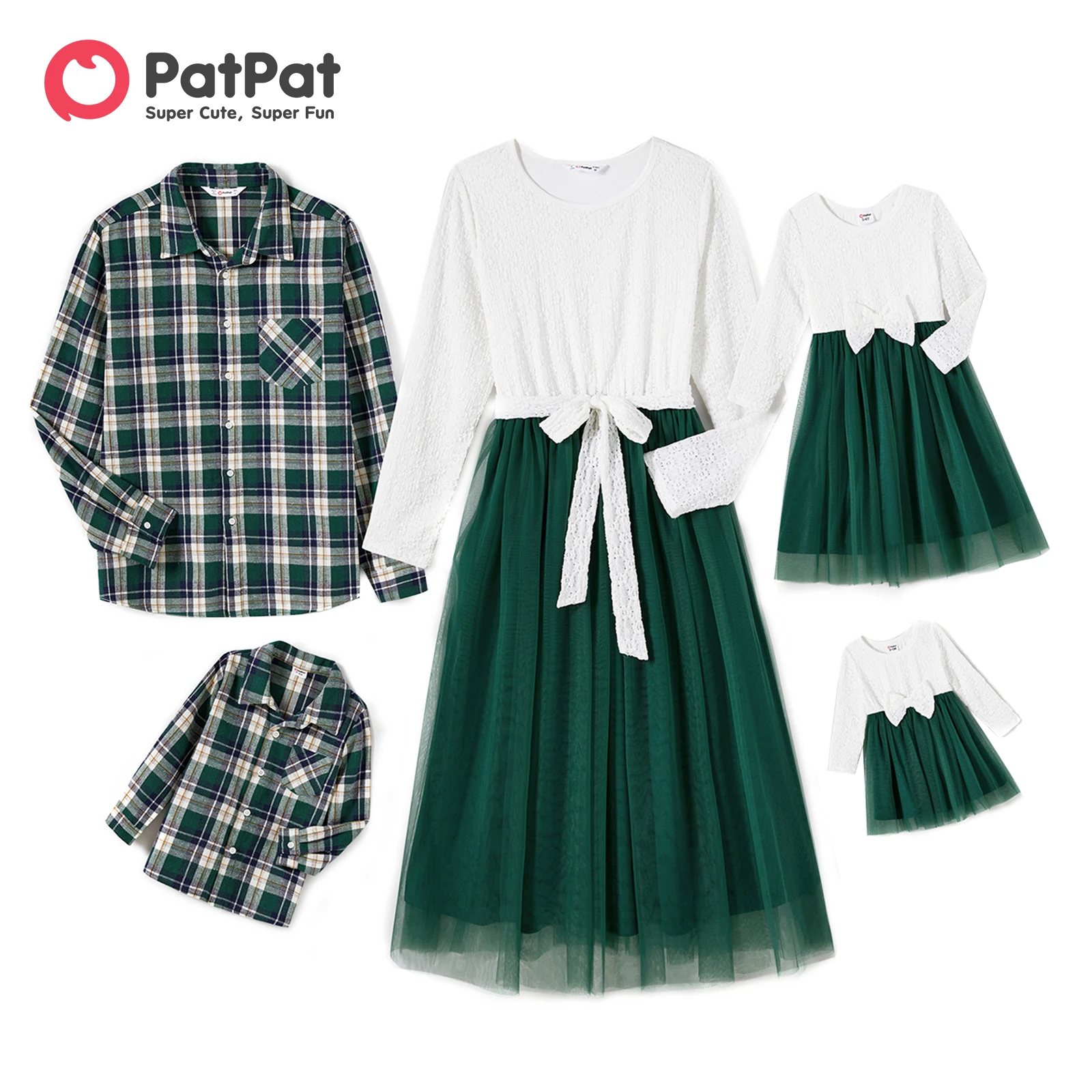 PatPat Family Matching Long-sleeve Mesh Splice Belted Dresses and Plaid Shirts Sets