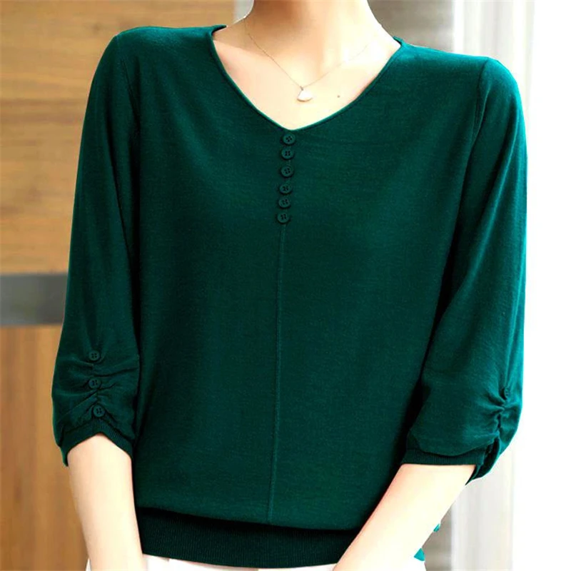 Women Clothes Simple Casual Solid Loose Elegant Basic Thin Knit T Shirts Summer V Neck Three Quarter Sleeve Pullover Tops Female