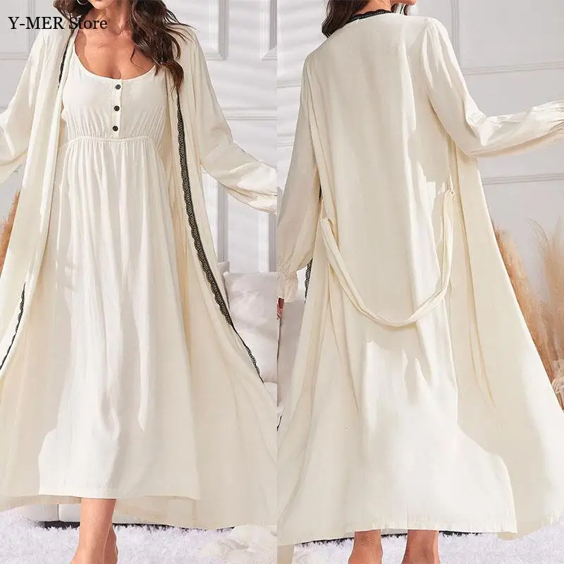 

Женский комплект для сна: однотонная ночная сорочка без рукавов с пуговицами спереди, кружевной отделкой, оборками, длинными рукавами, поясом на талии и халатом. Весенняя женская одежда для сна.