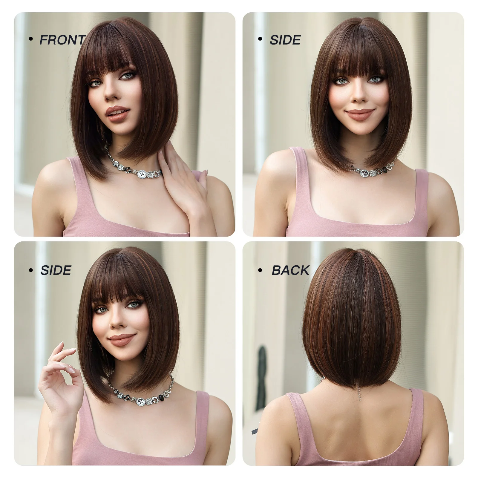 Straight Bob Synthetic Wigs Chocolate Brown Bob Wigs with Bangs Dark Brown Hair for White Black Women Daily Use Heat Resistant