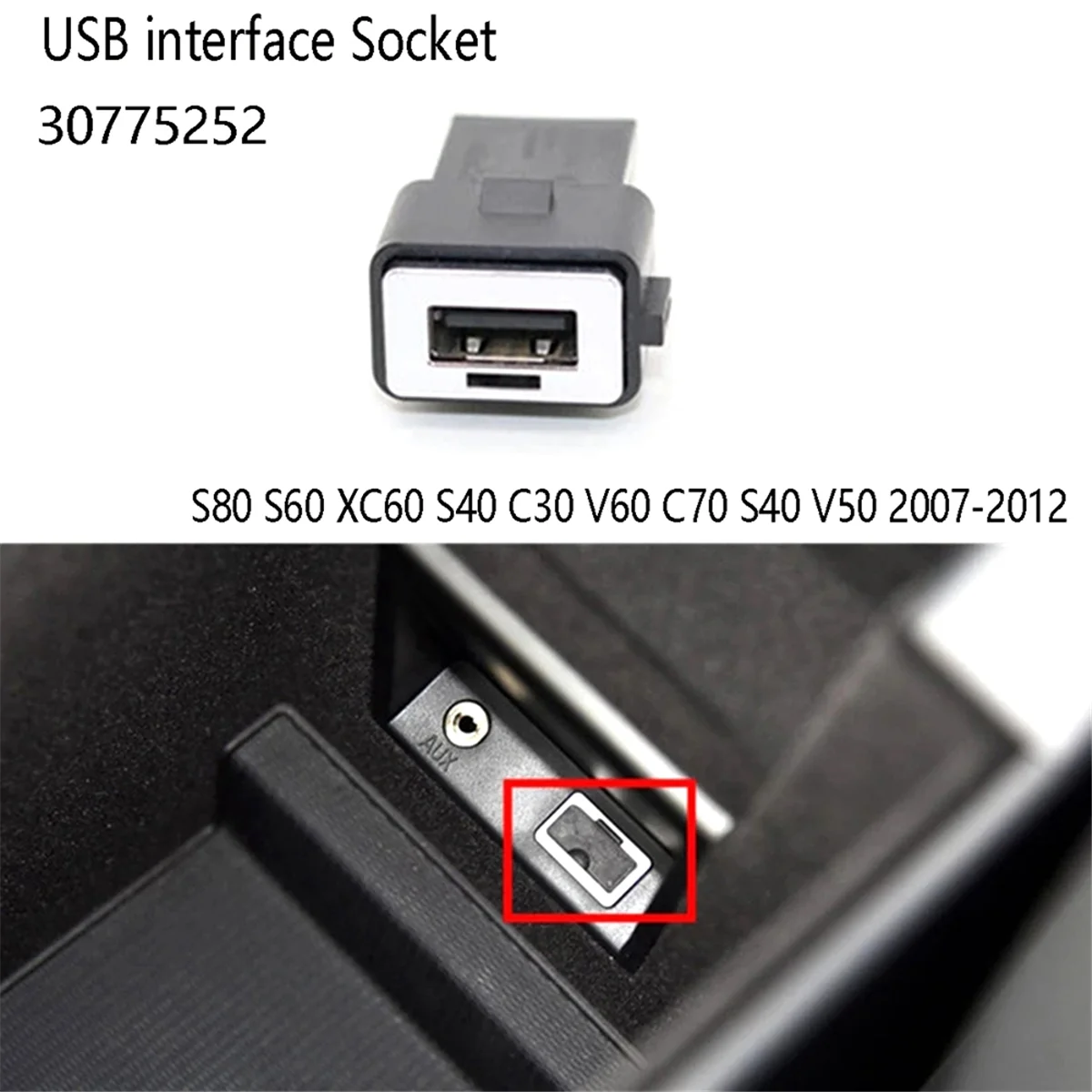 Car USB Interface Socket for Volvo S80 S60 XC60 S40 C30 V60 C70 S40 V50 2007-2012 30775252