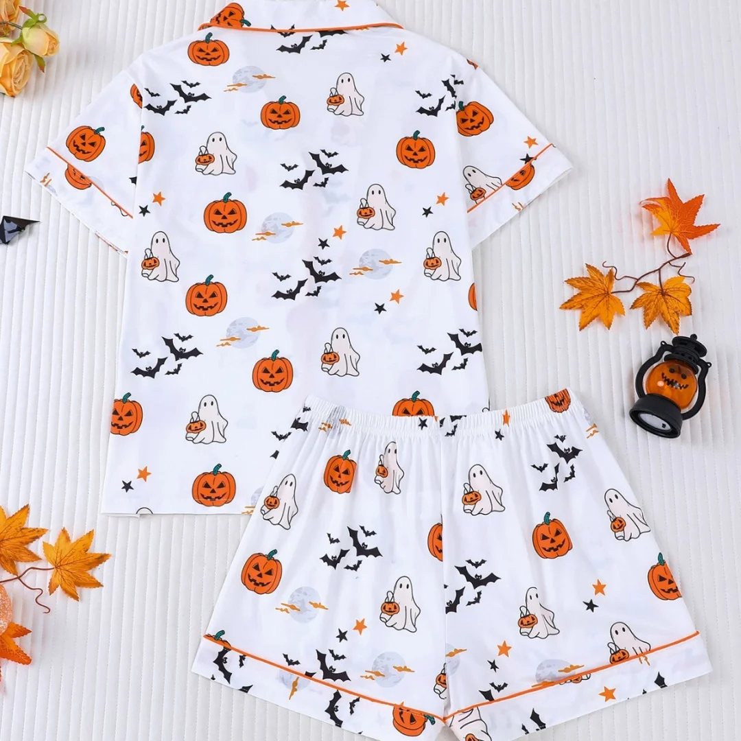 Halloween Themed Pumpkin Bat Ghost Printed Pajamas Set for Women Loungewear Home Wear with Lapels Short Sleeves and Shorts Pants