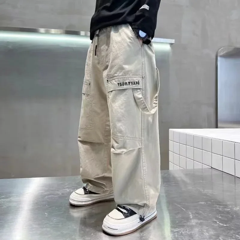 Boys Cargo Pants Teenager Straight Wide-leg Casual Letter Trousers 2025 New Spring Children's Loose Pants Kids Autumn Clothing
