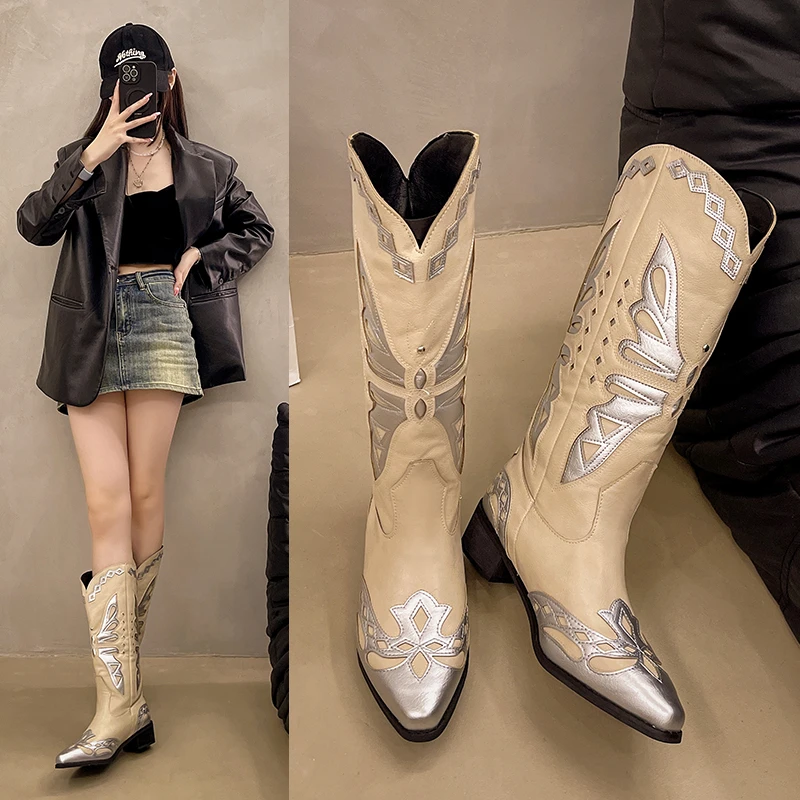 

New Style Fashion Vintage Embroidery Cowgirl Boots for Women Western Boots Pointed Toe Mid-calf Cowboy Punk Trendy Women Shoes