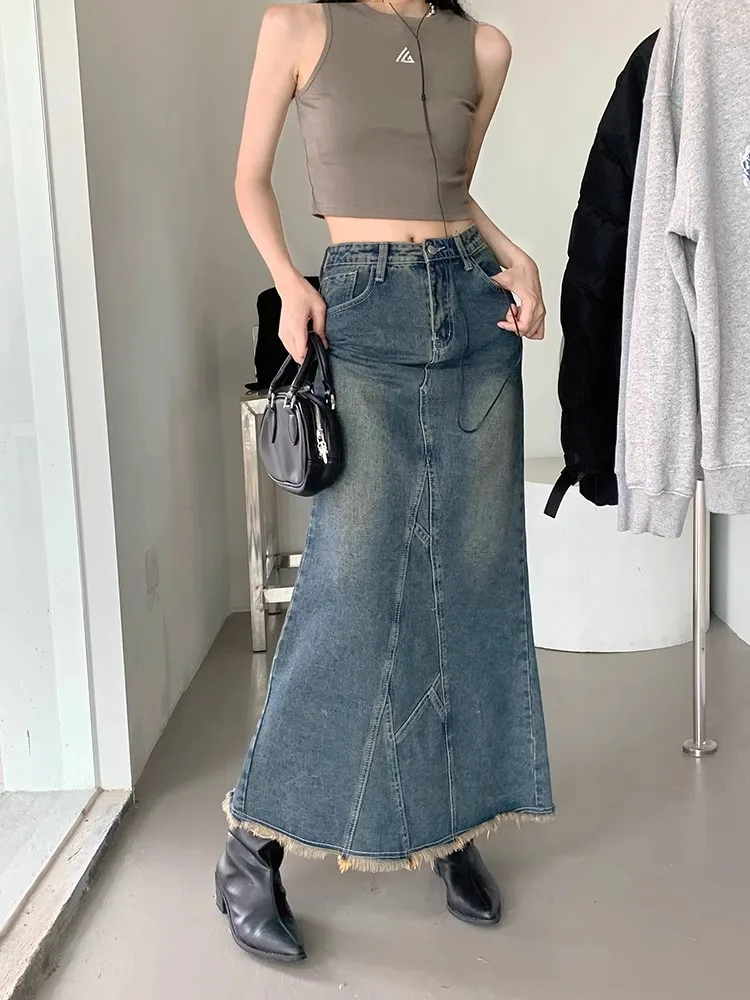 

American Retro High Waist A-Line Denim Skirt with Ba Split Slimming Versatile Long Skirt Commute Sle Korean Version