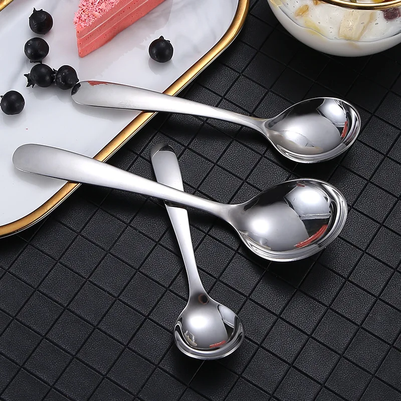 304 Stainless Steel Round Head Spoon Children Tableware Ramen Bouillon Soup Ladle Dessert Teaspoons Tablespoon Kitchen Utensils