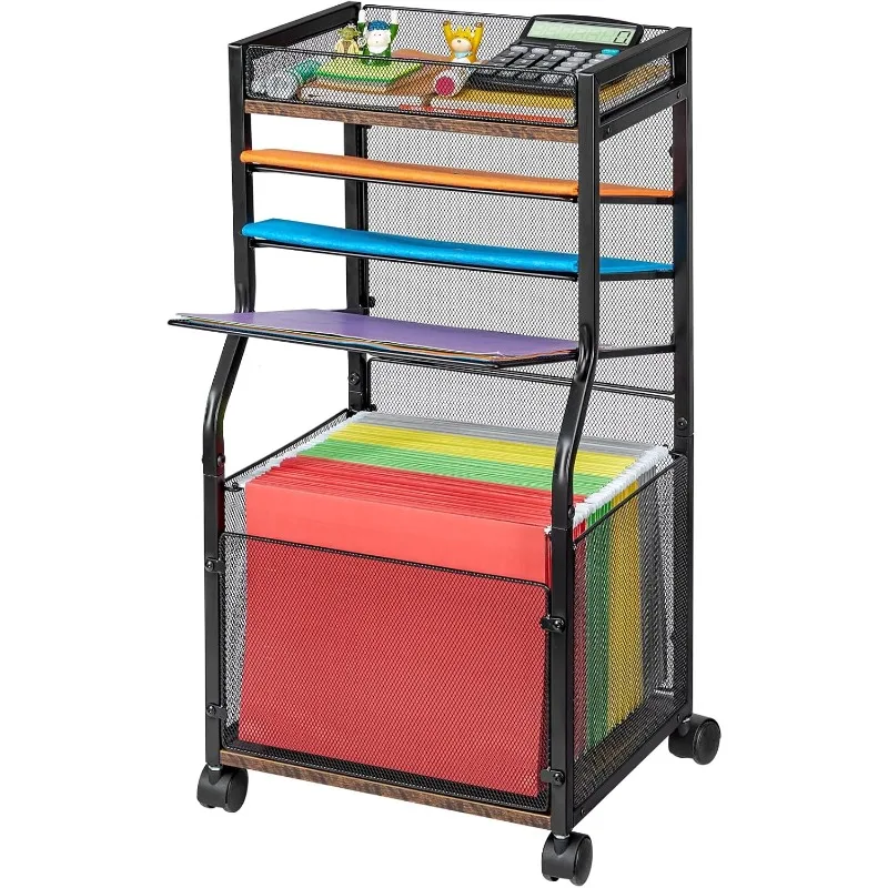 

5-Tier Rolling File Cart with Hanging File Folders, Mobile Desk File Organizer on Lockable Wheels
