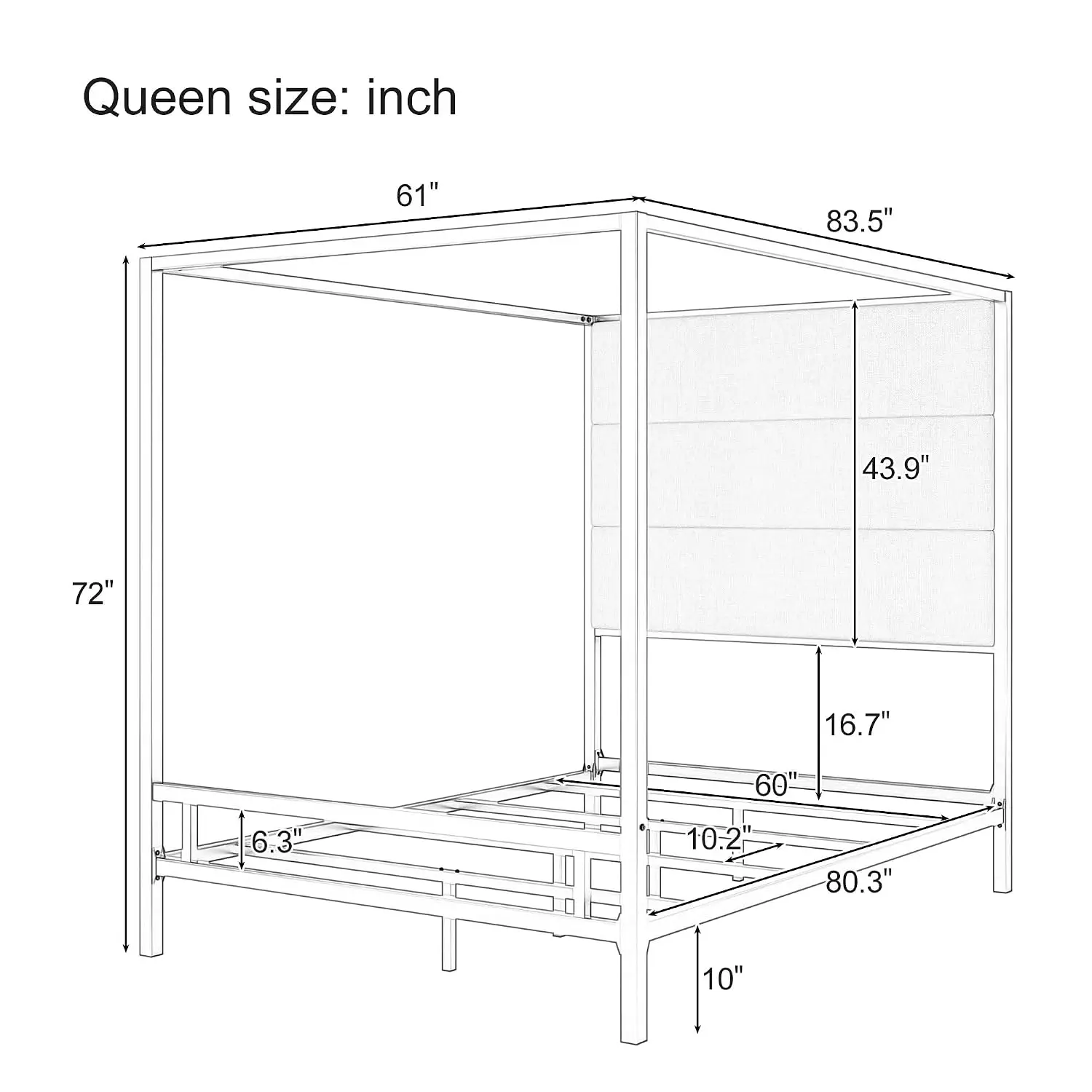 Queen Canopy Bed Frame with Linen Headboard & 4-Poster Metal Frame, Customized - view 2