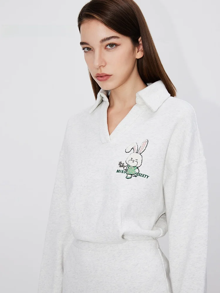 

Women's Cotton Embroidered Rabbit Ne American Retro Sports Sle Sweatirt Dr Faionable Commute Simple