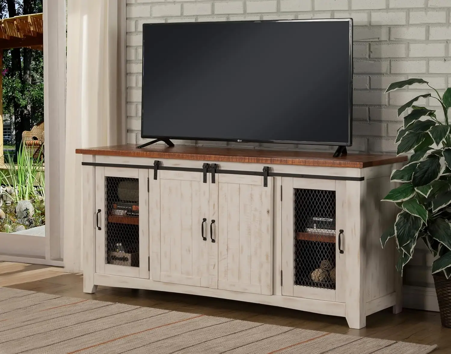 Rustic 65” Solid Wood TV Stand with Storage White and Aged Distressed Pine Multi-function Practical and Convenient