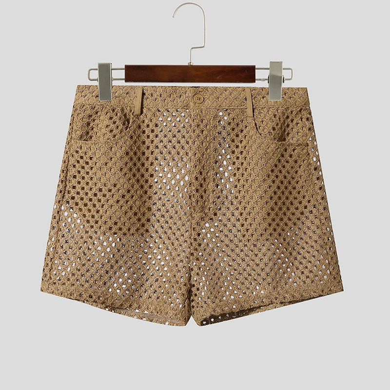 INCERUN Herren-Shorts, einfarbig, mit Knöpfen, ausgehöhltes Netz, durchsichtige Herren-Unterteile, Sommer-Streetwear, modische Freizeit-Shorts für Herren