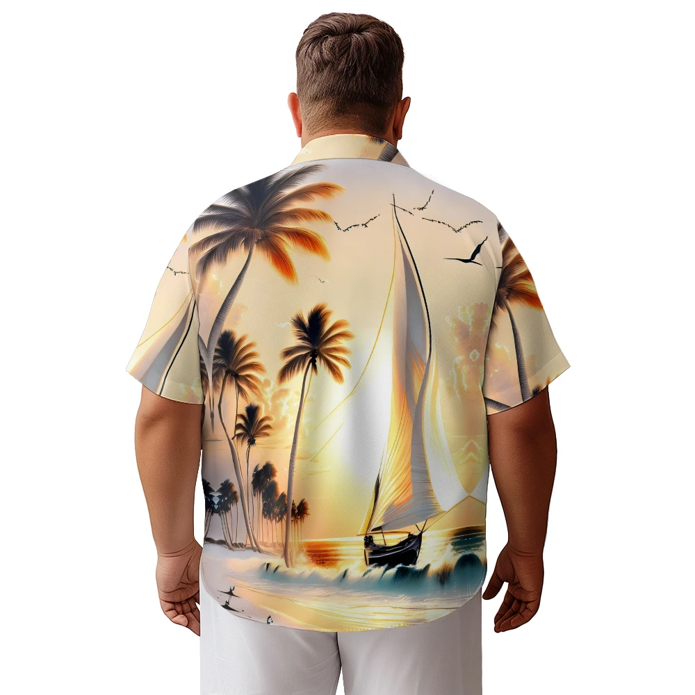 Beach holiday style casual sunset scenery men's short-sleeved shirt summer baggy large size lapel T-shirt top