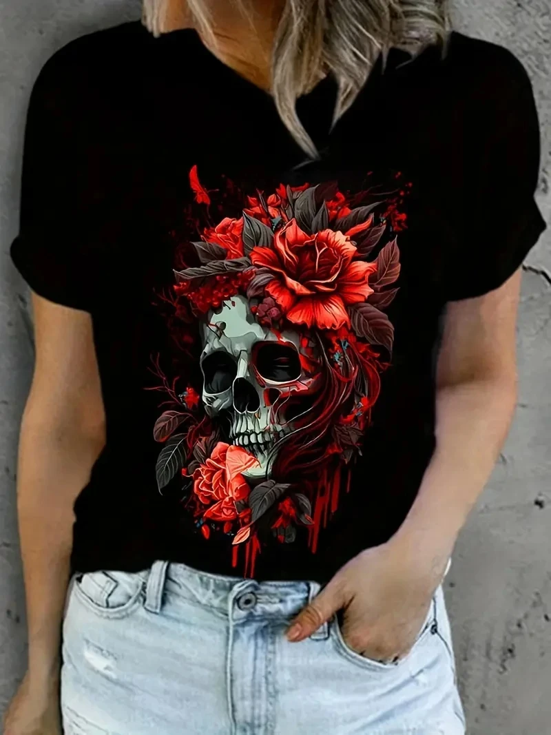 T-shirt damski z okrągłym dekoltem różowy nadruk z czaszką t-shirt gotycki z krótkim rękawem Top Casual Fashion codziennie odzież domowa wiosnę i