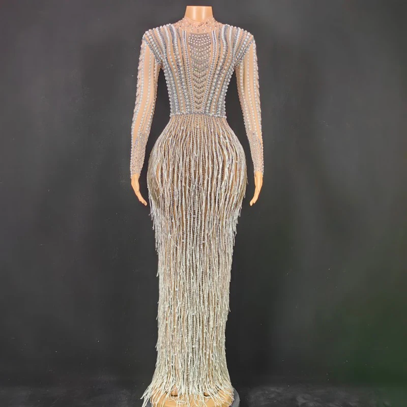 Vintage Pearls Rhinestones Fringed Dress Women'S Long Sleeved Celebrate Evening Outfit Stage Party Festival Dresses XS6612