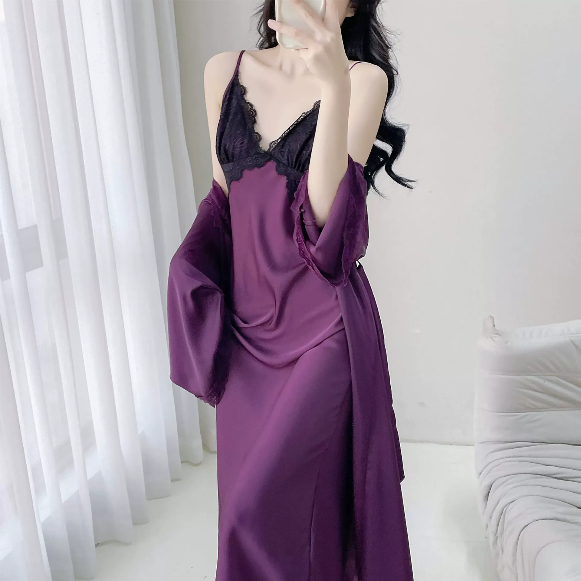 

Sexy Femlae Long Robe Nightgown 2PCS Set Spring Summer New Silk Satin Sleepwear Nightdress Lingerie Patchwork Lace Homewear